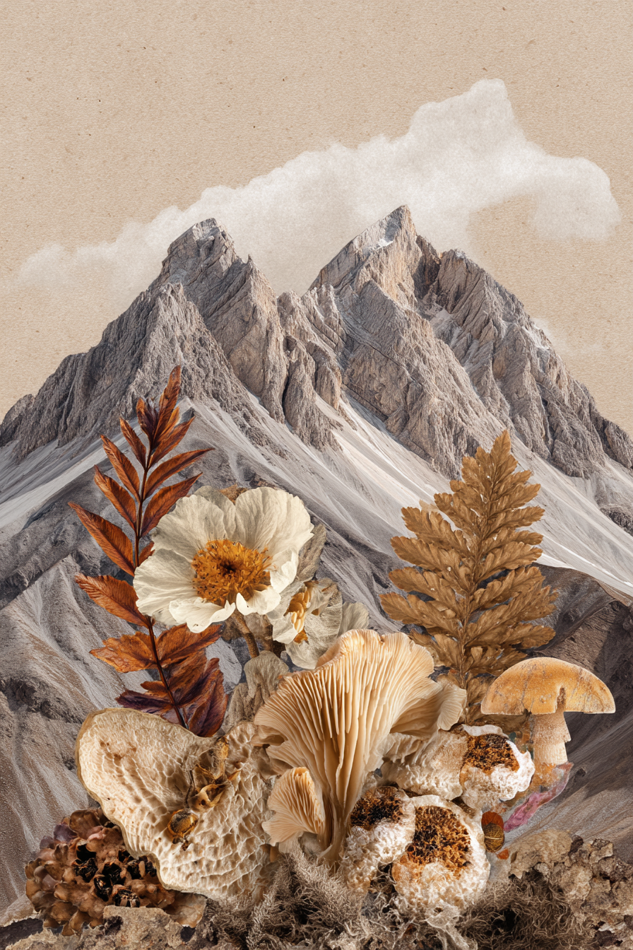 Berglandschaft Mit Blumen Und Pilzen Natur Collage | Collagen | Kunstgattungen