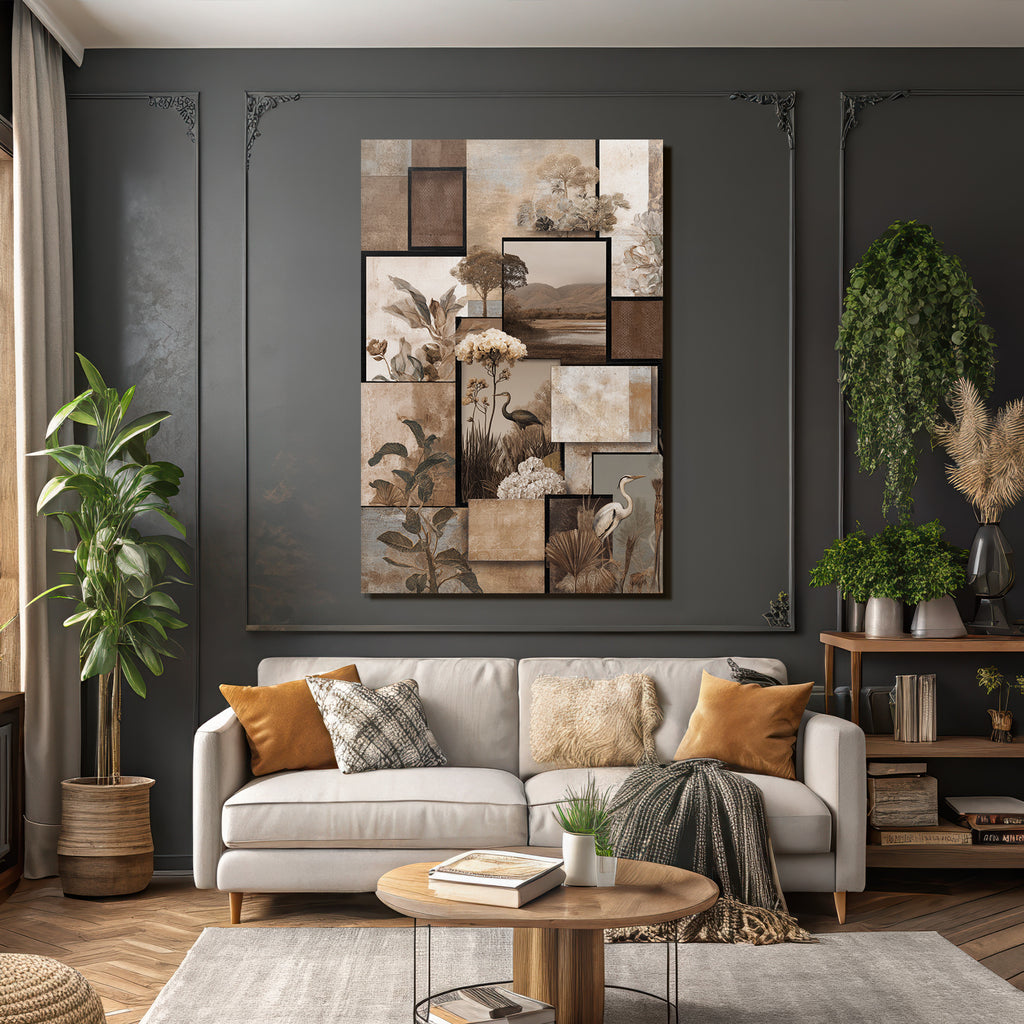 Blumen Pflanzen Und Voegel Kollage Mit Erdtoenen Vintage Design