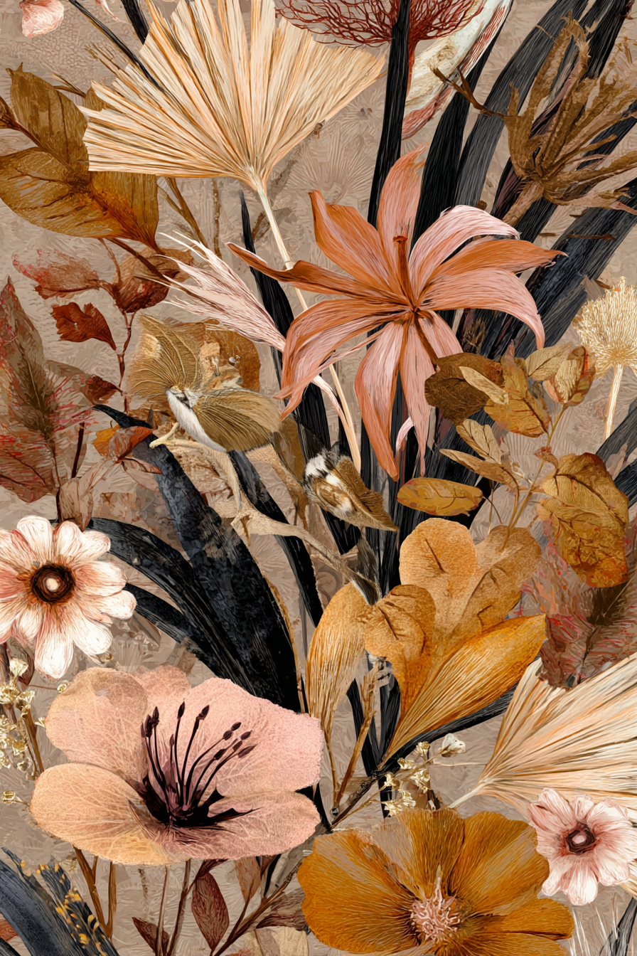 Blumen Und Blattgestaltung In Warmen Toenen Aclasse | Collagen | Kunstgattungen