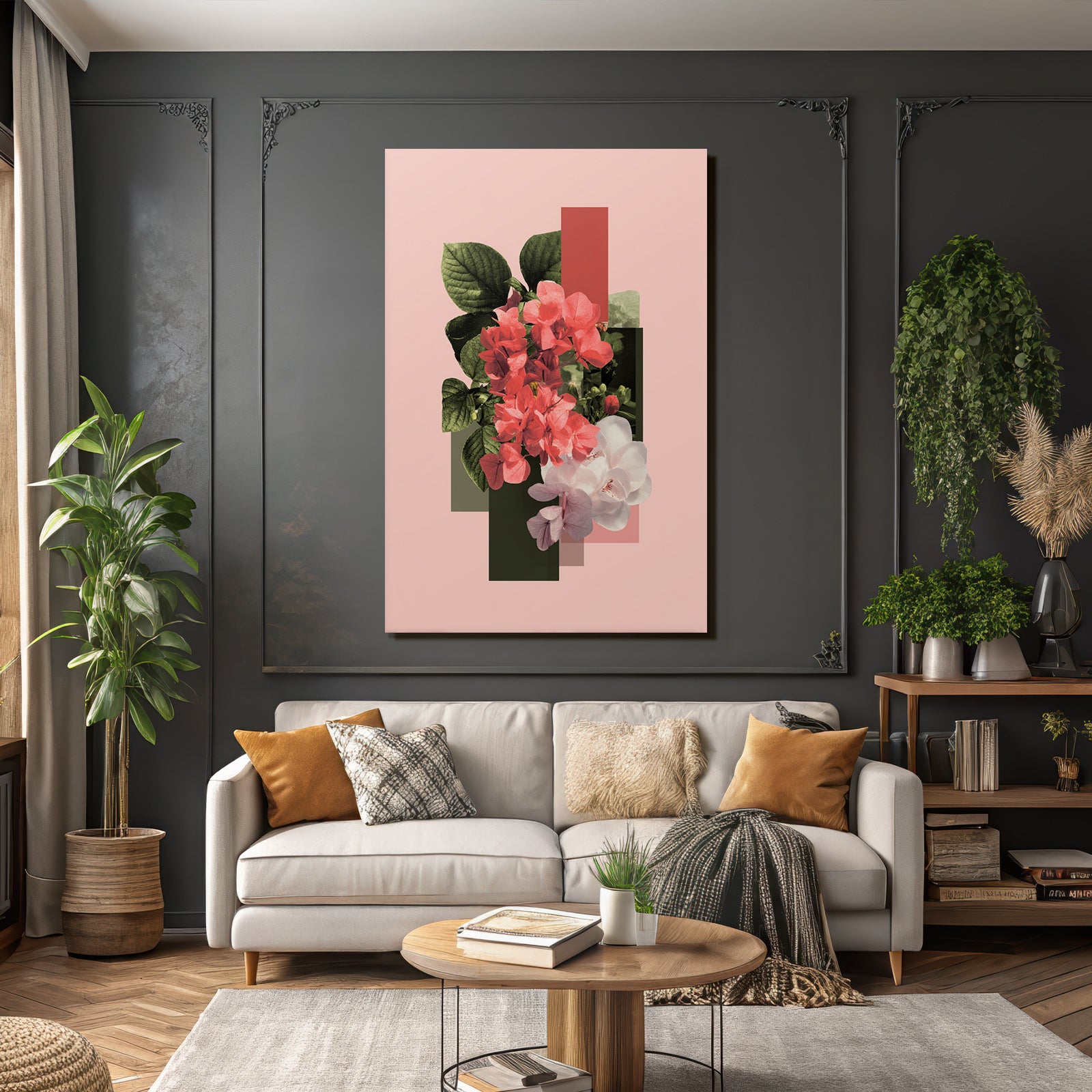 Blumenkomposition Mit Geometrischen Formen Auf Einem Gedaempften Rosa Hintergrund