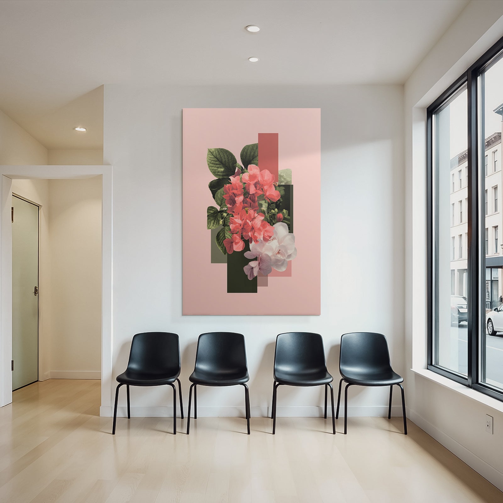 Blumenkomposition Mit Geometrischen Formen Auf Einem Gedaempften Rosa Hintergrund