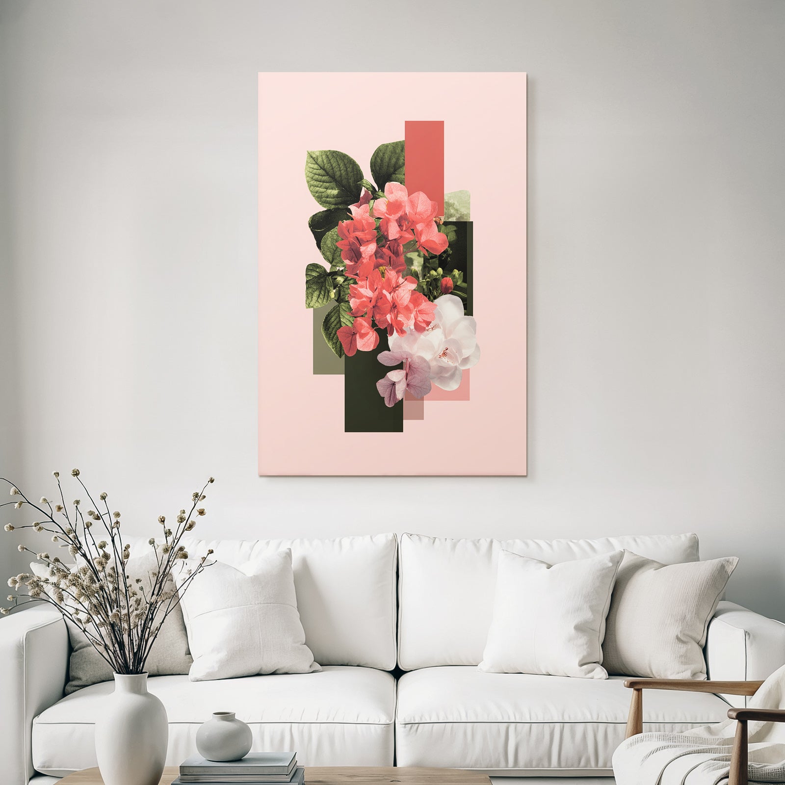 Blumenkomposition Mit Geometrischen Formen Auf Einem Gedaempften Rosa Hintergrund