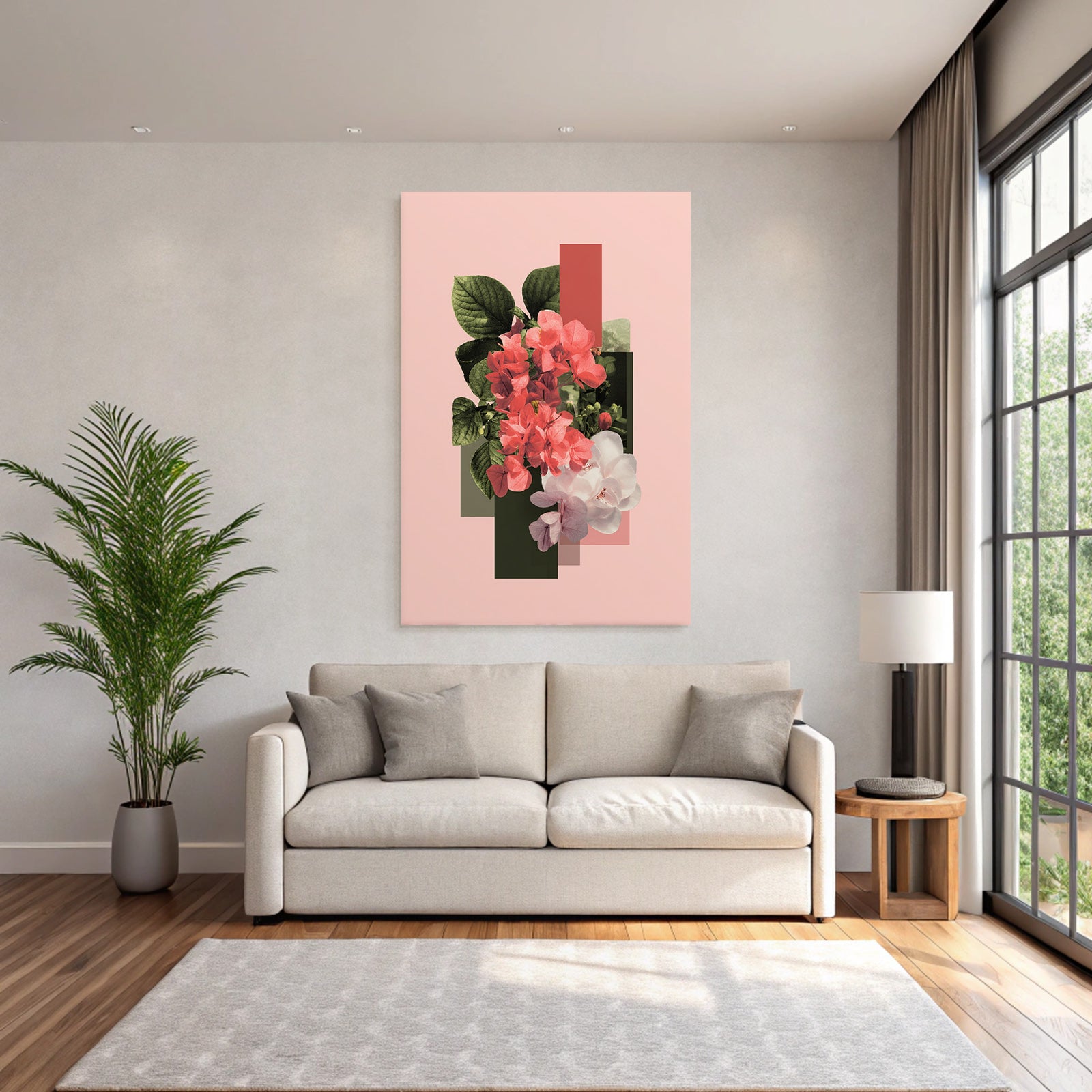 Blumenkomposition Mit Geometrischen Formen Auf Einem Gedaempften Rosa Hintergrund