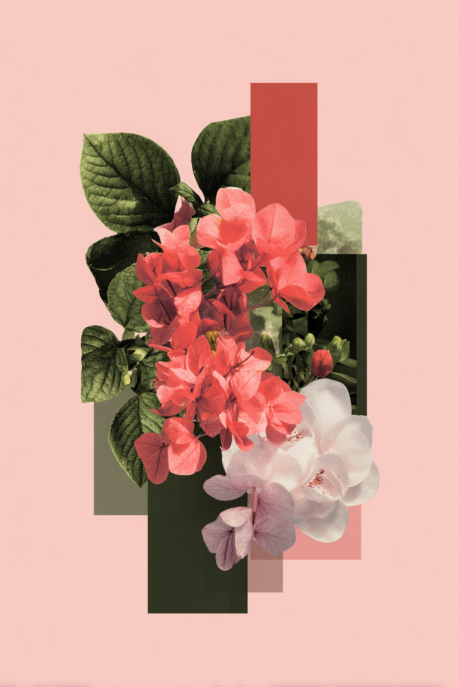 Blumenkomposition Mit Geometrischen Formen Auf Einem Gedaempften Rosa Hintergrund | Collagen | Kunstgattungen