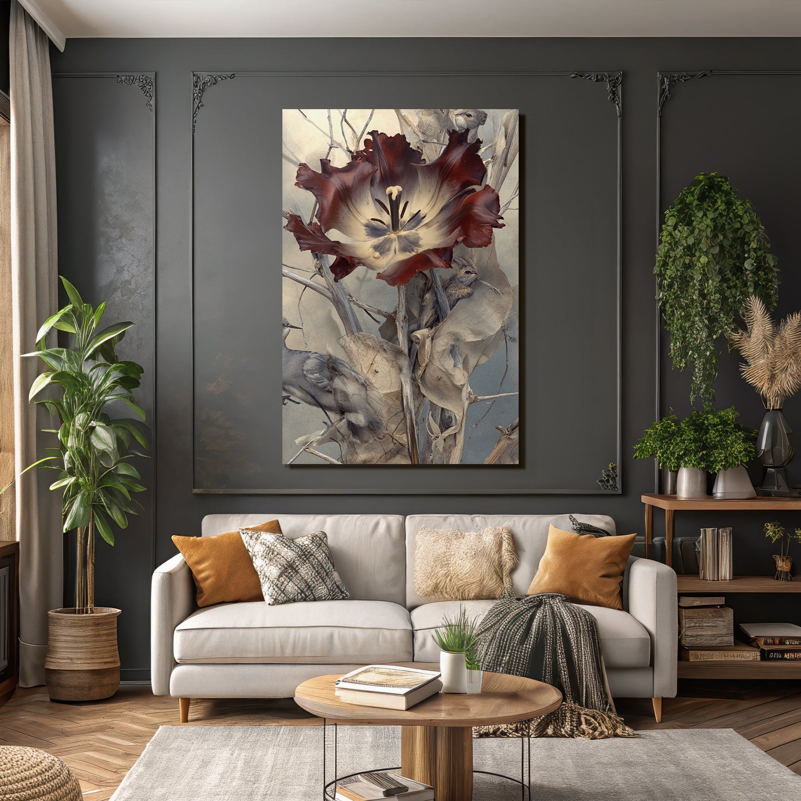 Blumige Wildnis Mit Vogel Und Ast Elementen