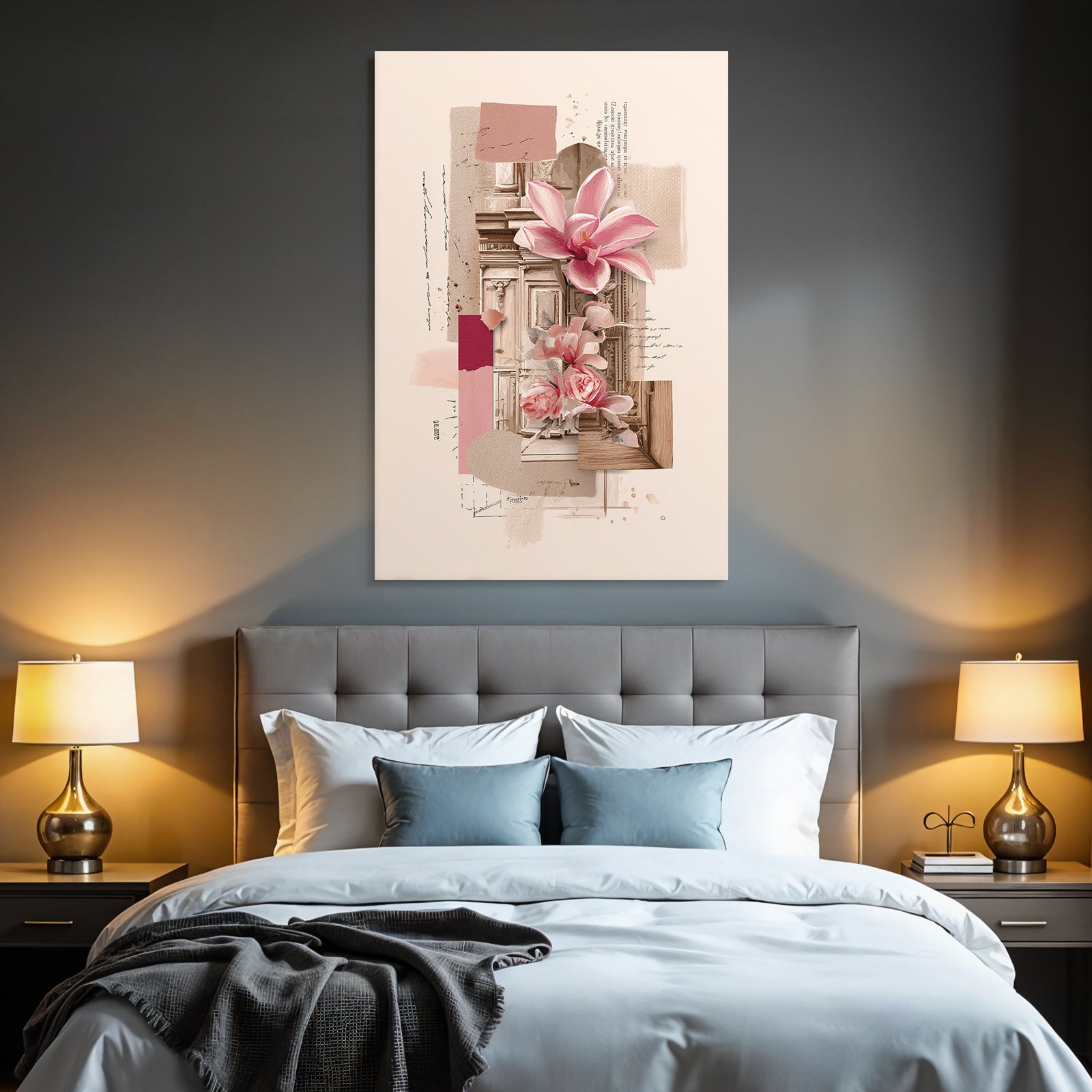 Digital Collage Florale Elemente Rosa Orchideen Rosen Abstrakte Formen Vintage Stil