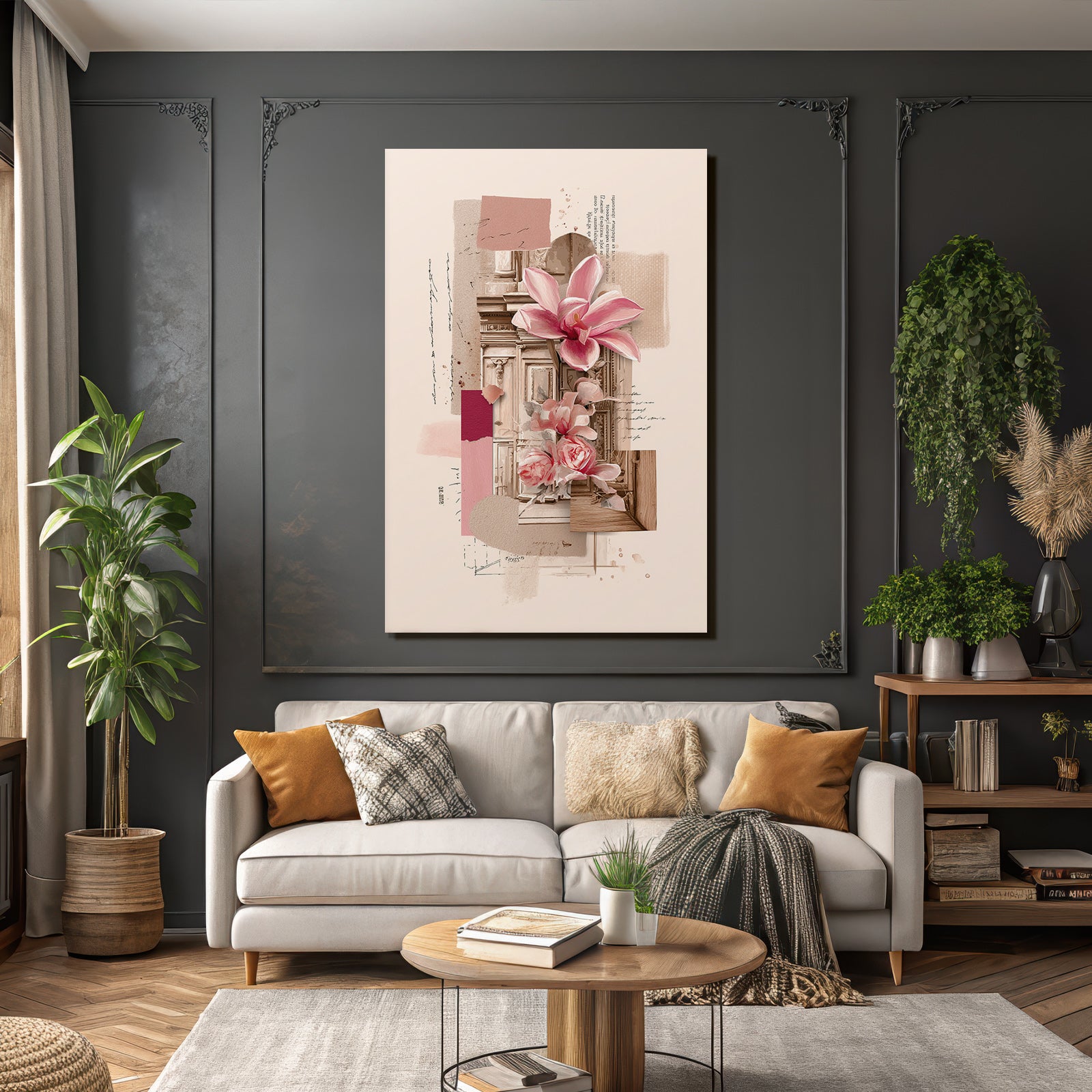 Digital Collage Florale Elemente Rosa Orchideen Rosen Abstrakte Formen Vintage Stil