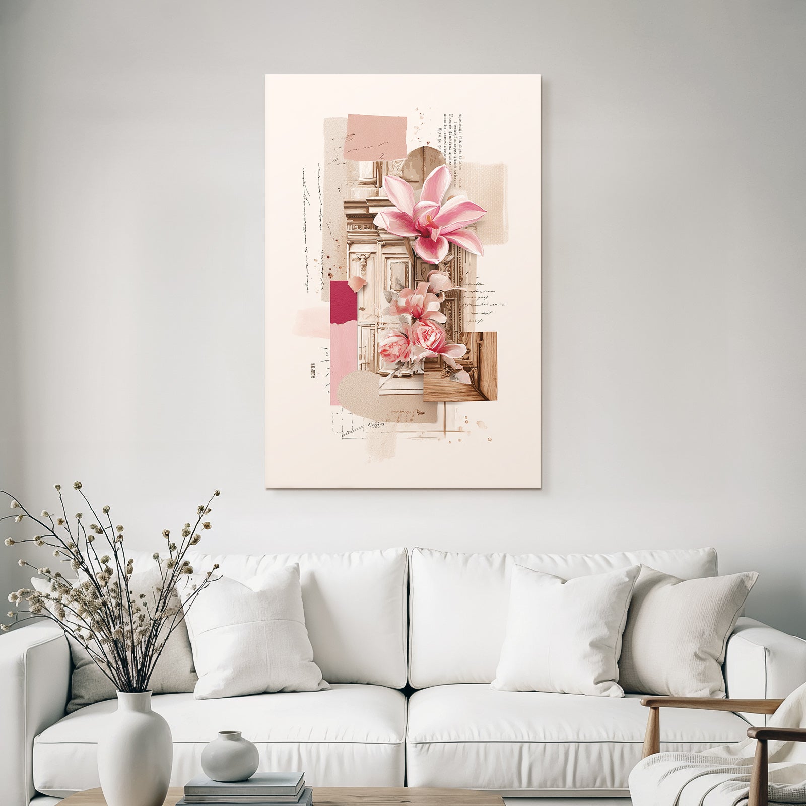 Digital Collage Florale Elemente Rosa Orchideen Rosen Abstrakte Formen Vintage Stil