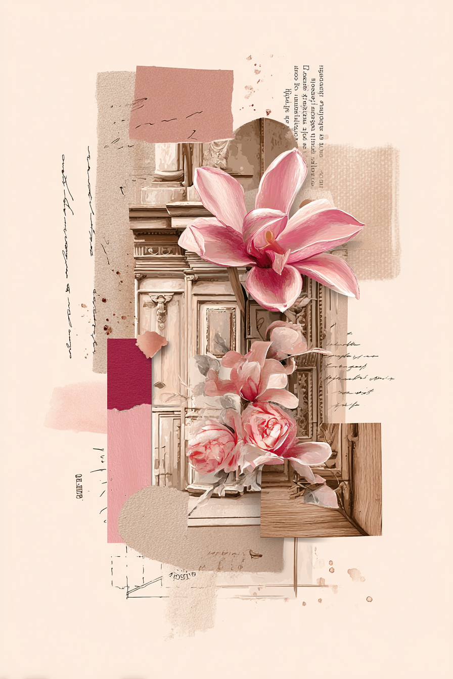 Digital Collage Florale Elemente Rosa Orchideen Rosen Abstrakte Formen Vintage Stil | Collagen | Kunstgattungen