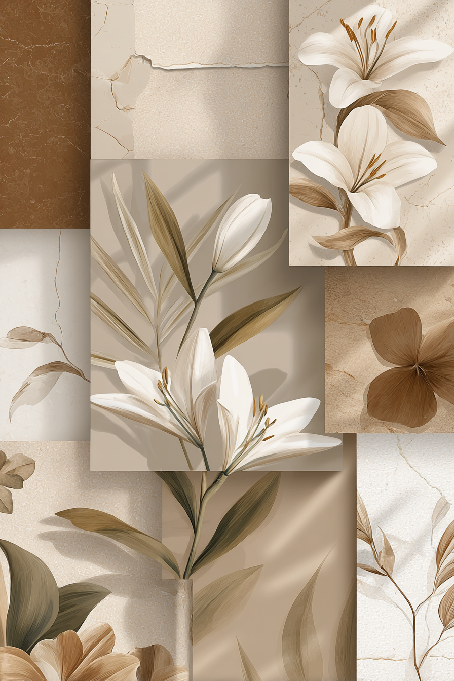 Florale Collage In Neutraltoenen Mit Weissen Lilien | Collagen | Kunstgattungen