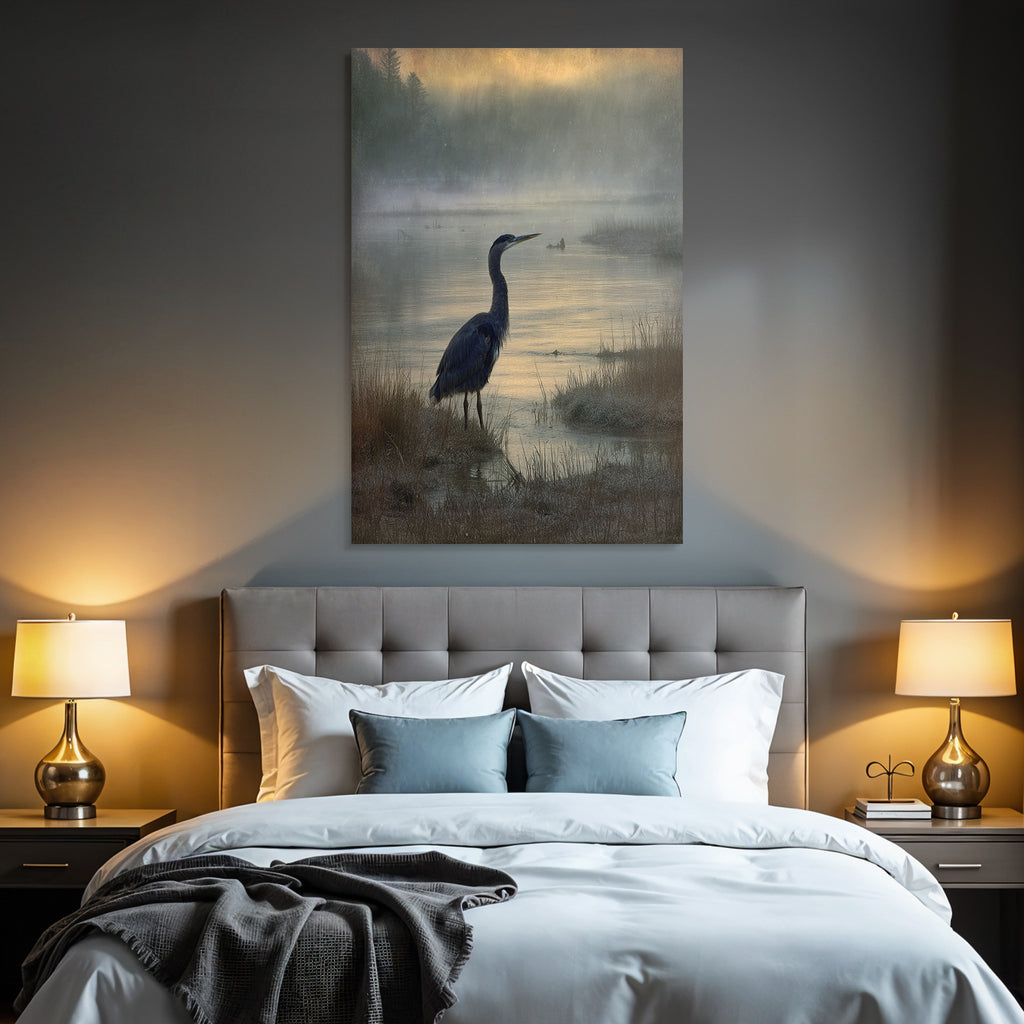Friedliche Szenen Mit Heron Am Wasser Im Nebel