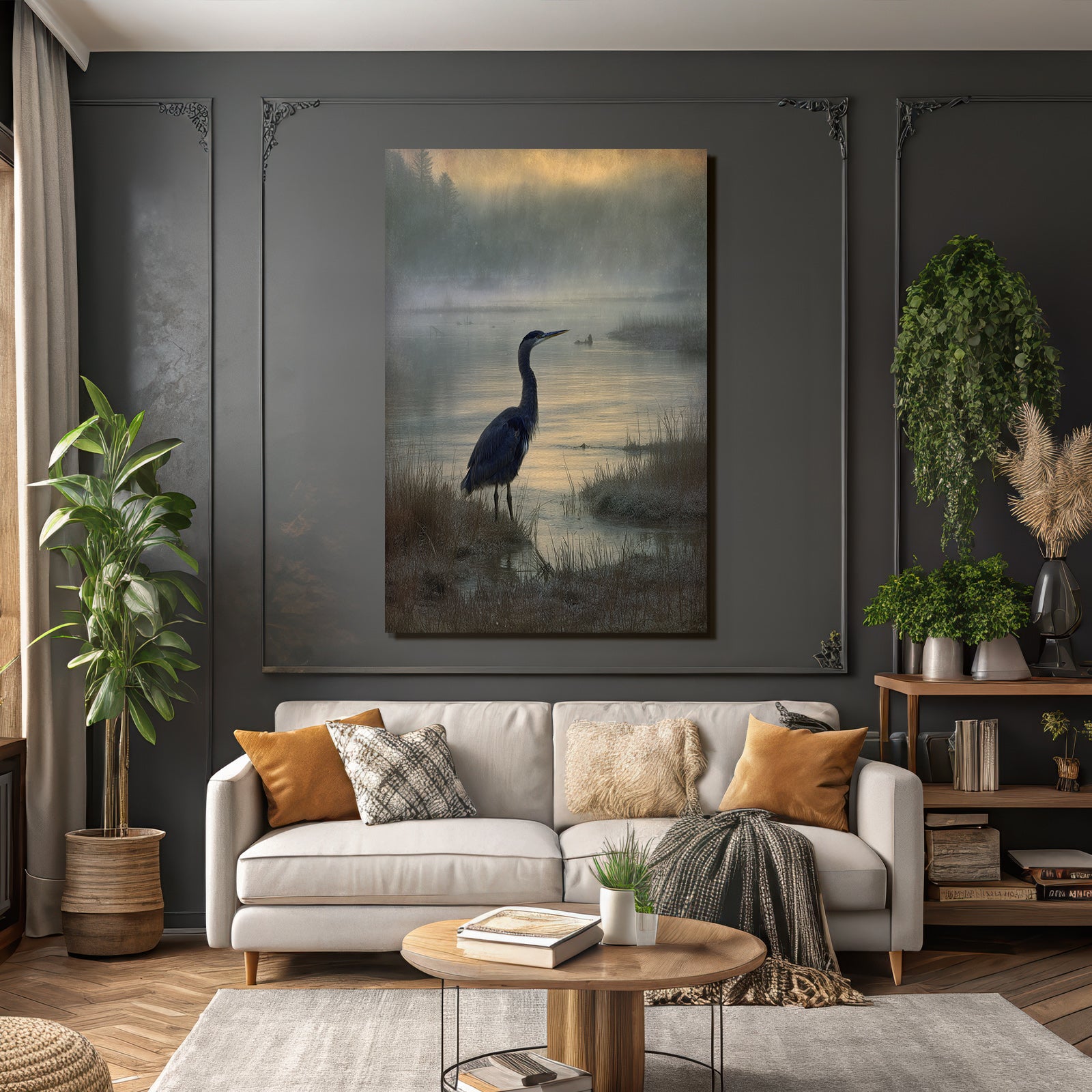 Friedliche Szenen Mit Heron Am Wasser Im Nebel