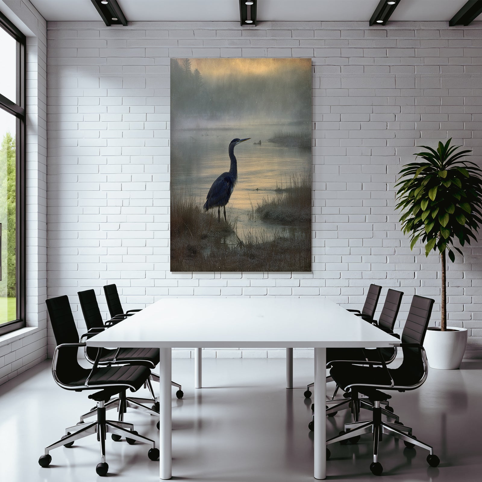 Friedliche Szenen Mit Heron Am Wasser Im Nebel