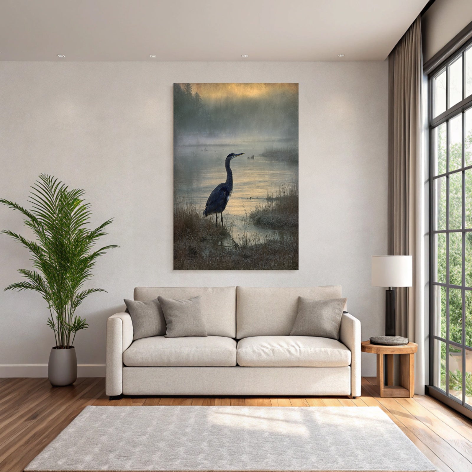 Friedliche Szenen Mit Heron Am Wasser Im Nebel