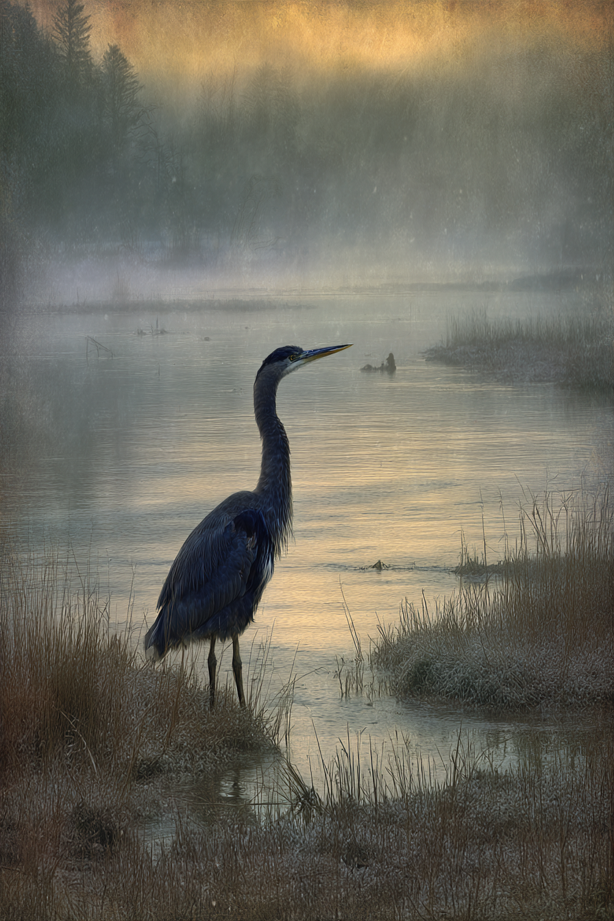 Friedliche Szenen Mit Heron Am Wasser Im Nebel | Collagen | Kunstgattungen