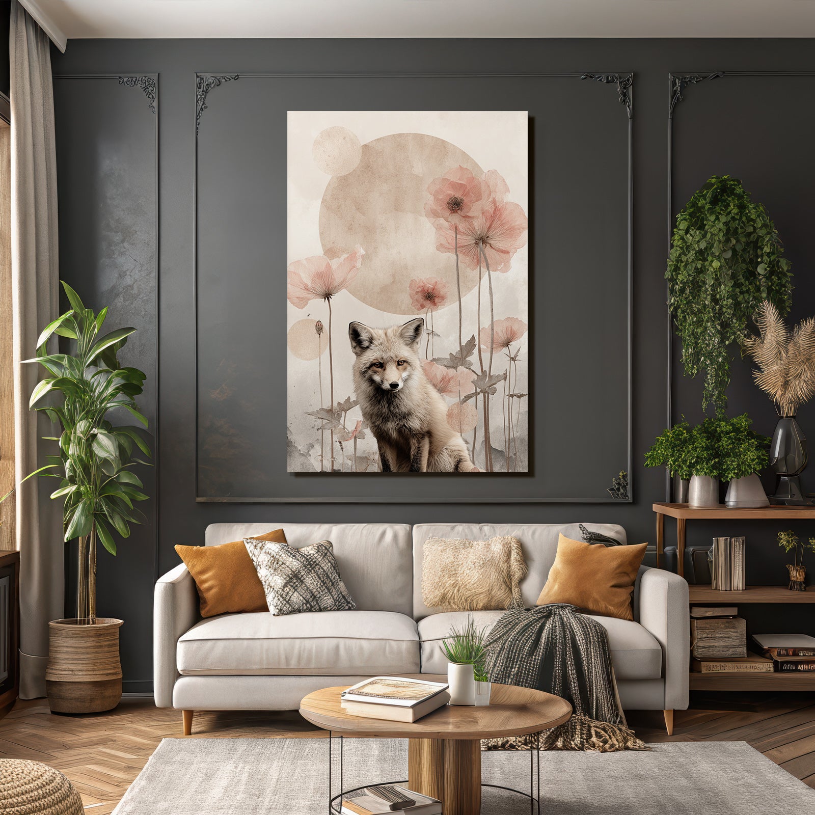 Fuchs Umgeben Von Blumen Und Kreisfoermigen Formen Gemalt In Sanften Toenen