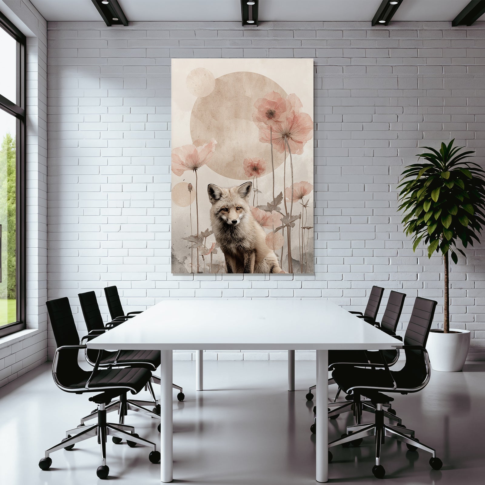 Fuchs Umgeben Von Blumen Und Kreisfoermigen Formen Gemalt In Sanften Toenen