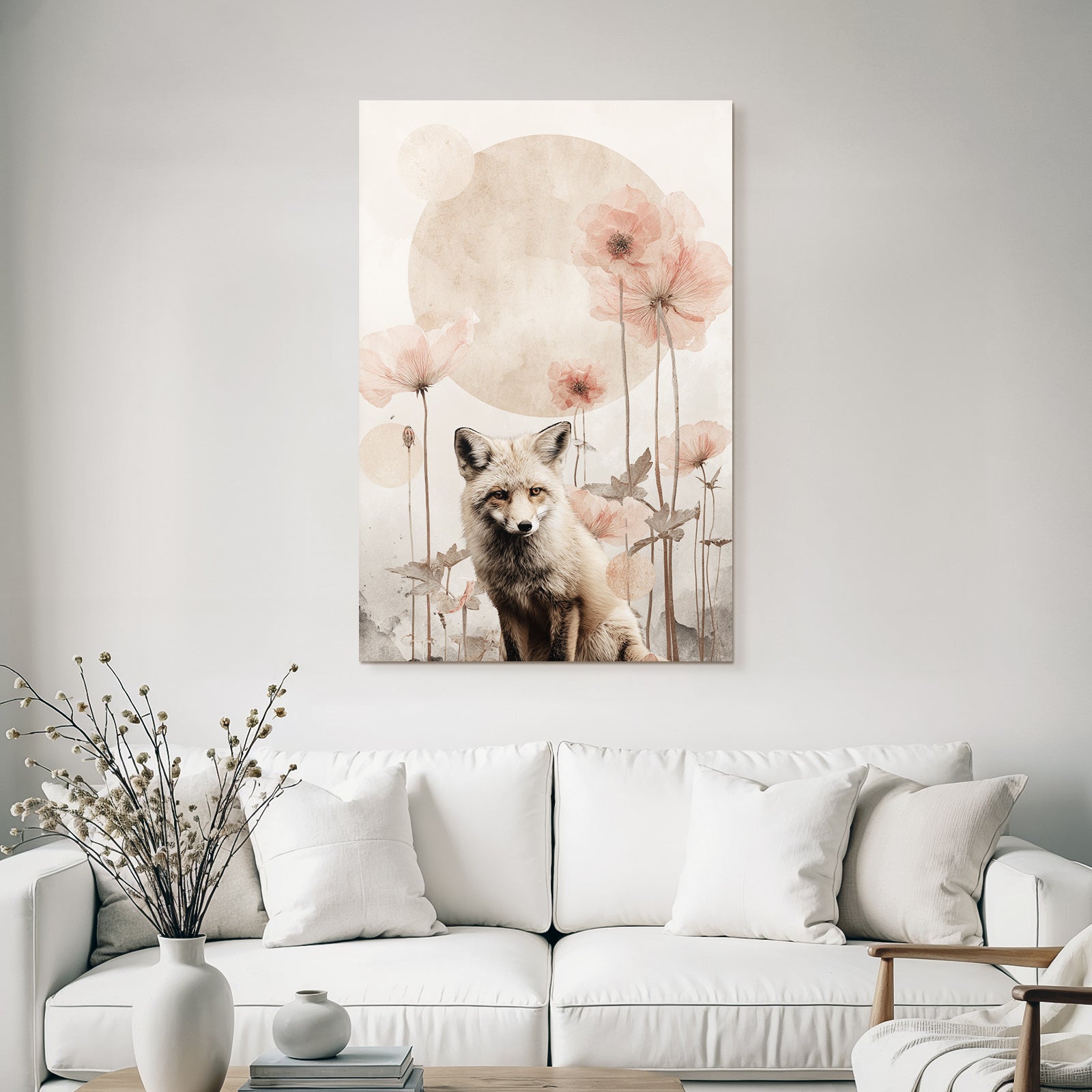 Fuchs Umgeben Von Blumen Und Kreisfoermigen Formen Gemalt In Sanften Toenen
