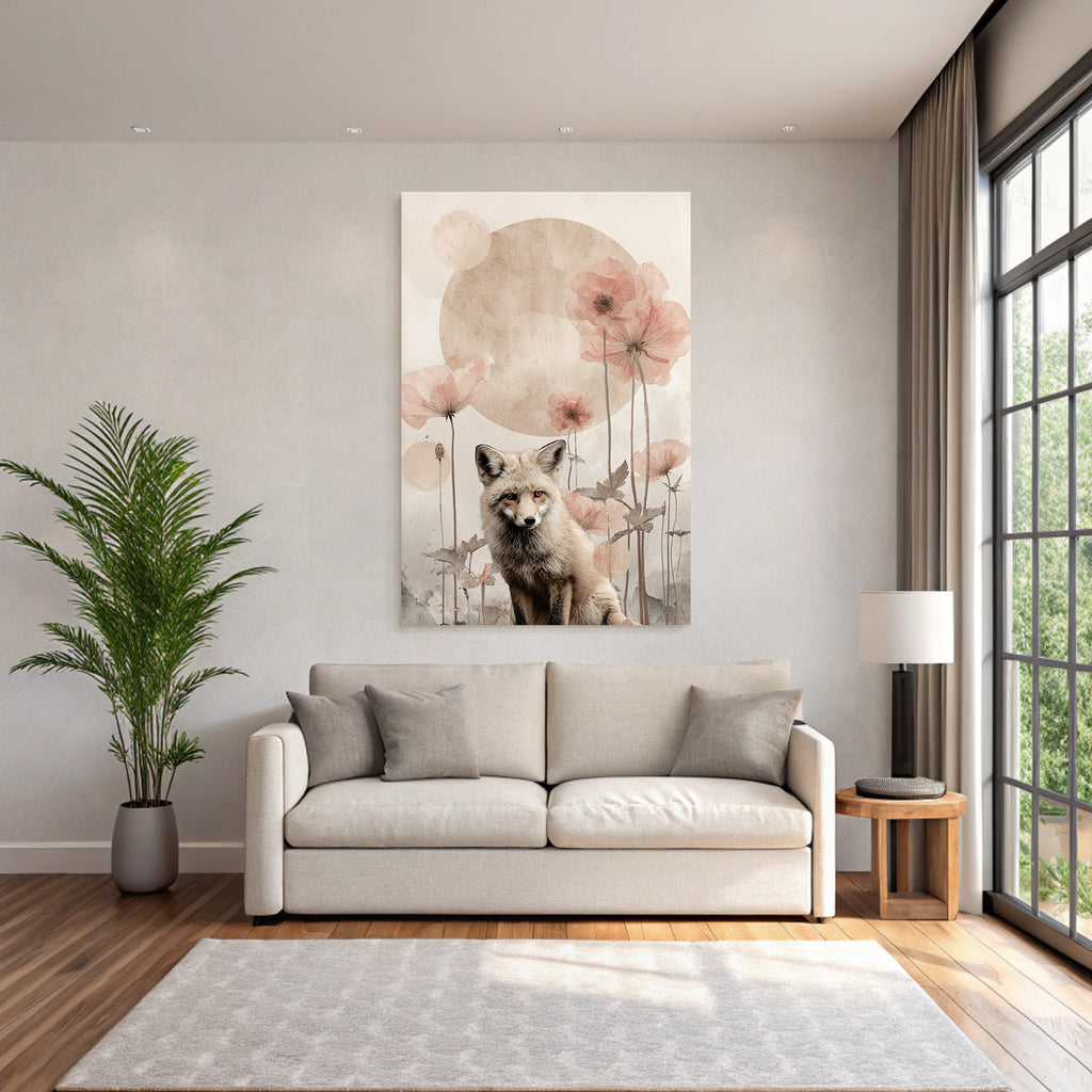 Fuchs Umgeben Von Blumen Und Kreisfoermigen Formen Gemalt In Sanften Toenen