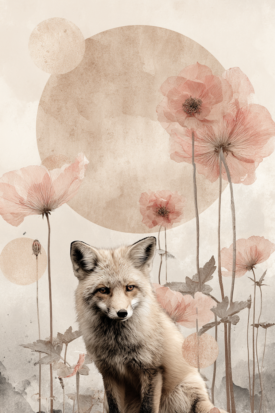 Fuchs Umgeben Von Blumen Und Kreisfoermigen Formen Gemalt In Sanften Toenen | Collagen | Kunstgattungen
