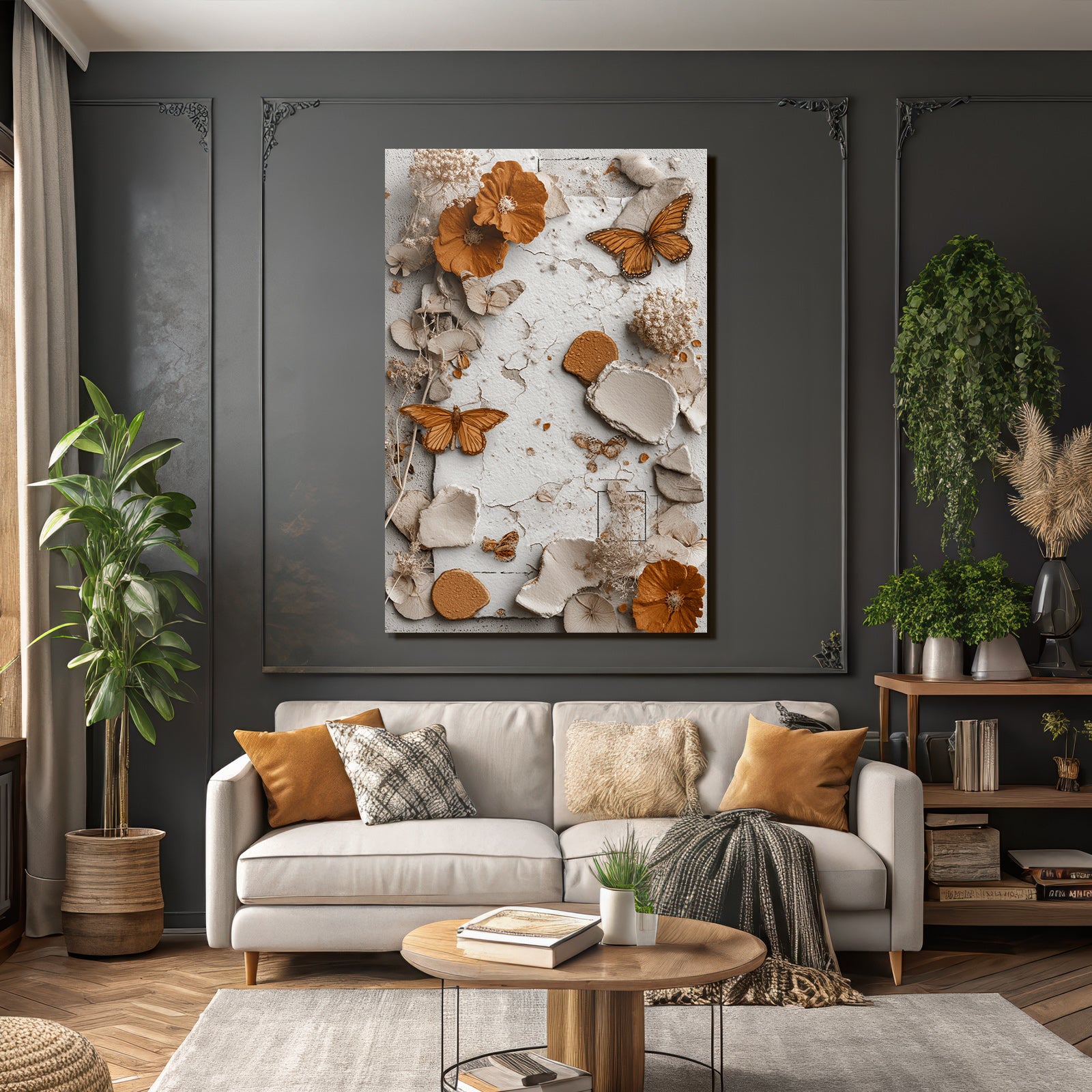 Getrocknete Blumen Butterflys Texturiertes Papier Warme Tonpalette