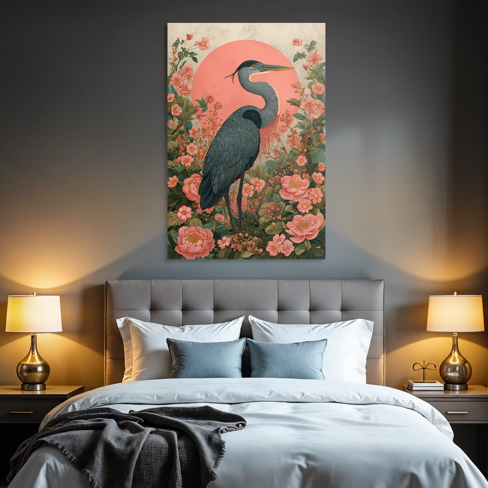 Heron Umgeben Von Bunten Blumen Und Folien Mit Pinkem Hintergrund
