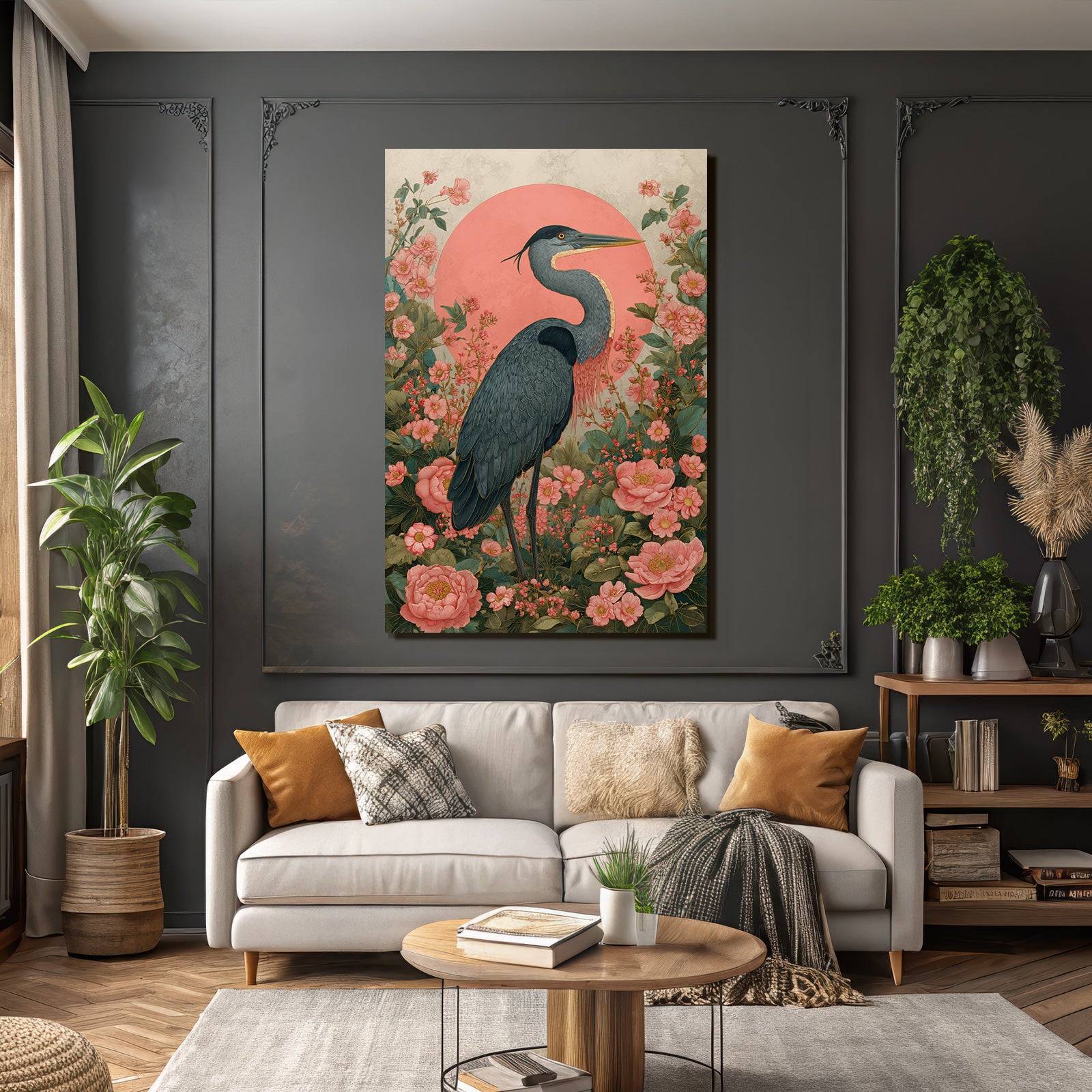 Heron Umgeben Von Bunten Blumen Und Folien Mit Pinkem Hintergrund