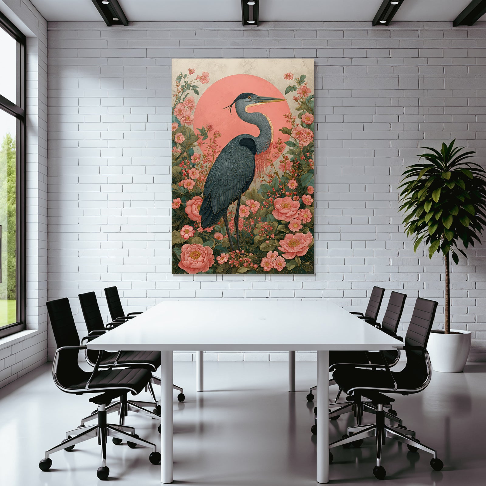 Heron Umgeben Von Bunten Blumen Und Folien Mit Pinkem Hintergrund