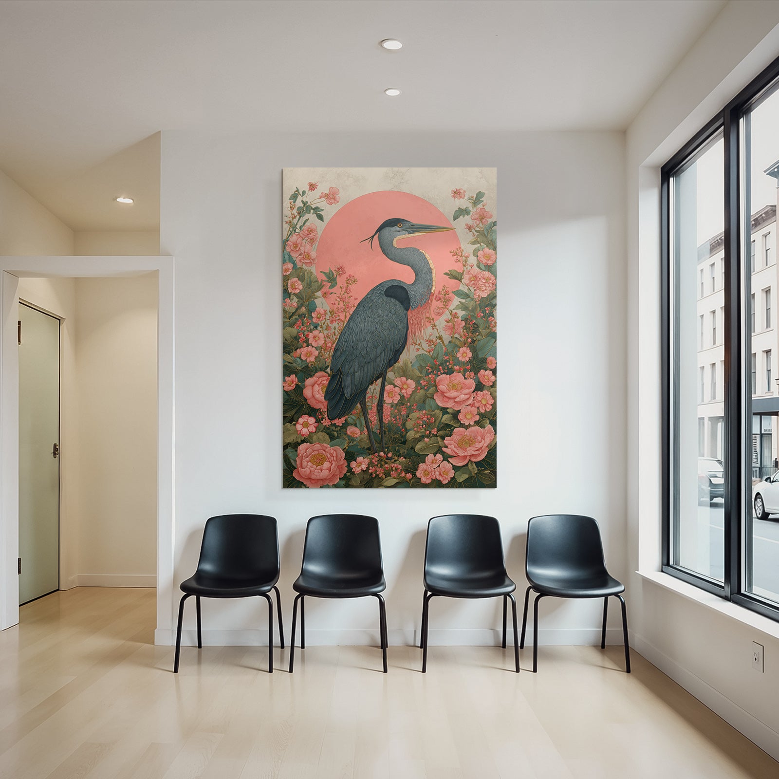 Heron Umgeben Von Bunten Blumen Und Folien Mit Pinkem Hintergrund