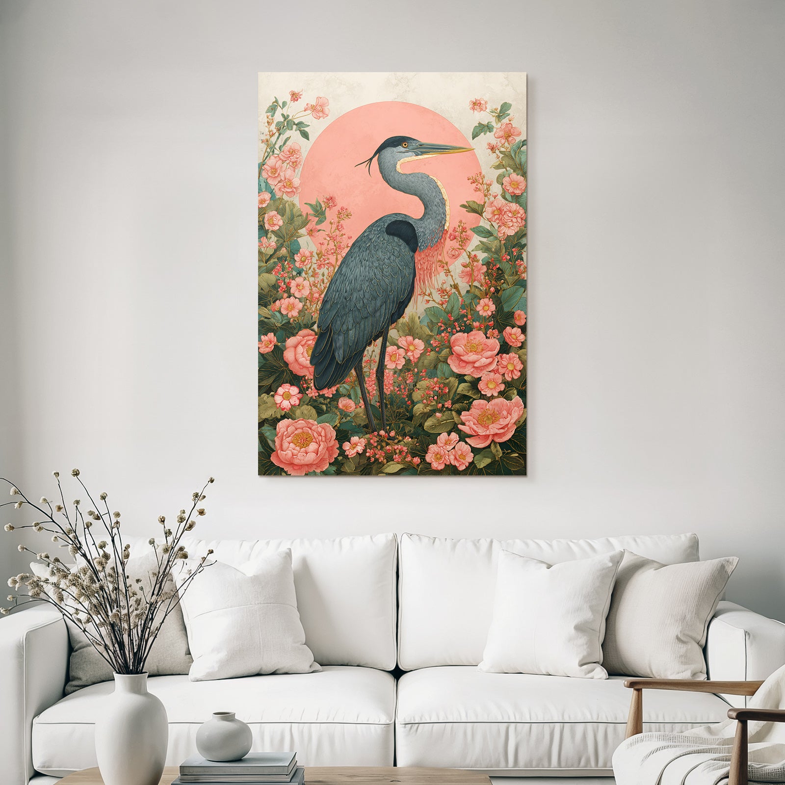 Heron Umgeben Von Bunten Blumen Und Folien Mit Pinkem Hintergrund