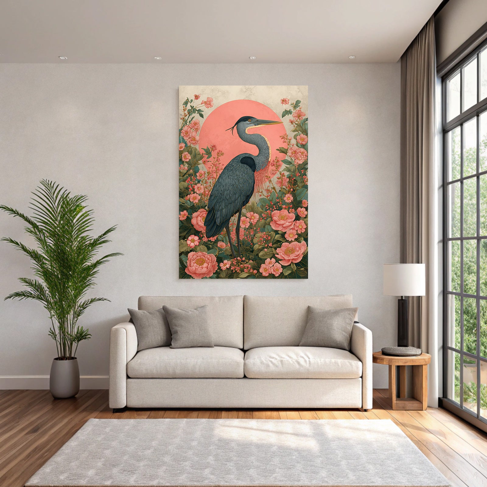 Heron Umgeben Von Bunten Blumen Und Folien Mit Pinkem Hintergrund