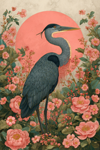Heron Umgeben Von Bunten Blumen Und Folien Mit Pinkem Hintergrund | Collagen | Kunstgattungen