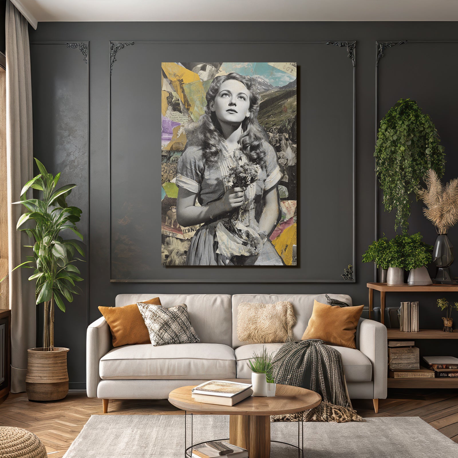 Junge Frau Mit Blumen Collage Vintage Retro Aesthetik
