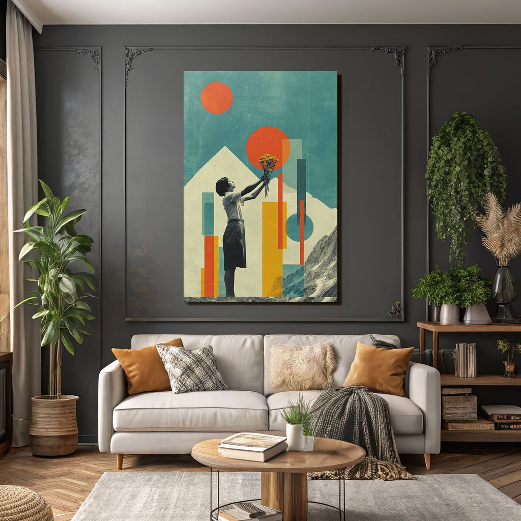 Kreatives Kunstwerk Kind Mit Blumen Boquet Abstracte Hintergrund Retro Farbpalette