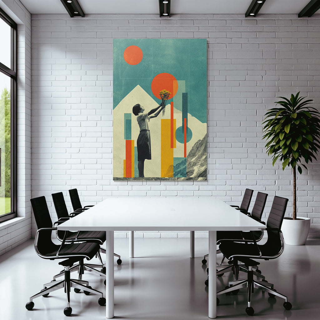Kreatives Kunstwerk Kind Mit Blumen Boquet Abstracte Hintergrund Retro Farbpalette