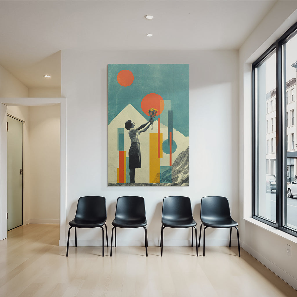 Kreatives Kunstwerk Kind Mit Blumen Boquet Abstracte Hintergrund Retro Farbpalette