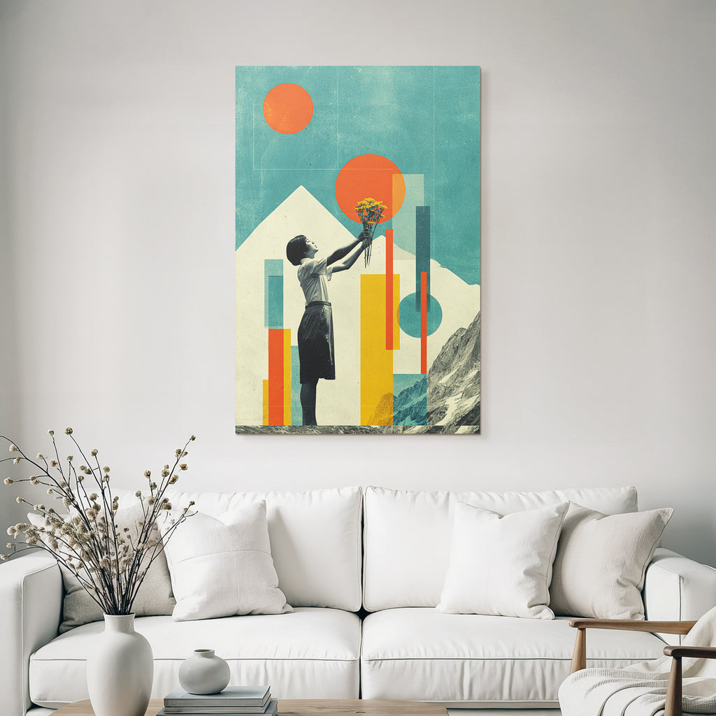 Kreatives Kunstwerk Kind Mit Blumen Boquet Abstracte Hintergrund Retro Farbpalette