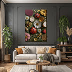 Kunstvolles Arrangement Blumen Erdbeeren Kaefer Glaeser Dekoration Gruen