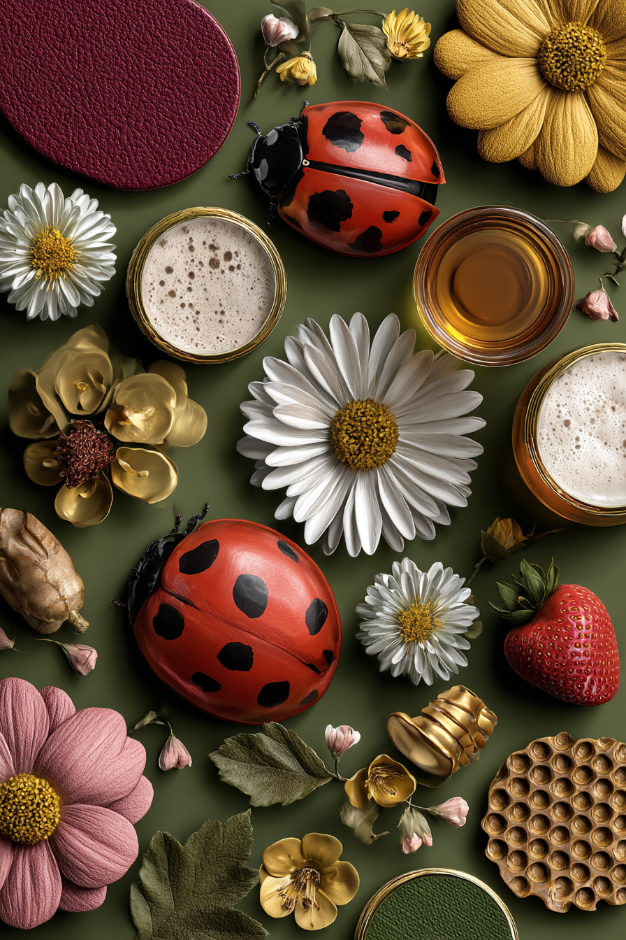 Kunstvolles Arrangement Blumen Erdbeeren Kaefer Glaeser Dekoration Gruen | Collagen | Kunstgattungen