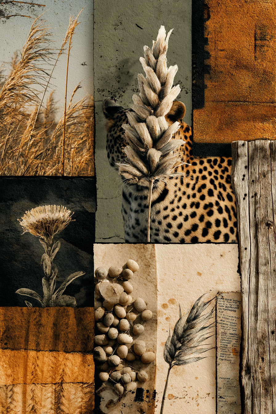 Leopardengesicht Natur Materialien Kollage Erde Taue Florale Elemente | Collagen | Kunstgattungen