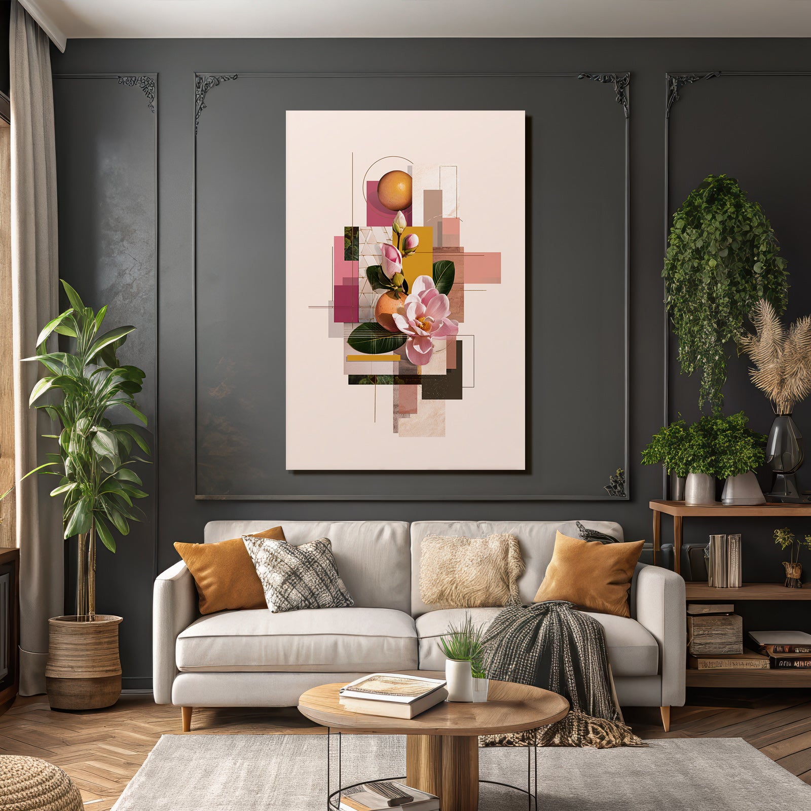 Moderne Grafikdesign Collage Magnolien Orange Geometrisch Abstract