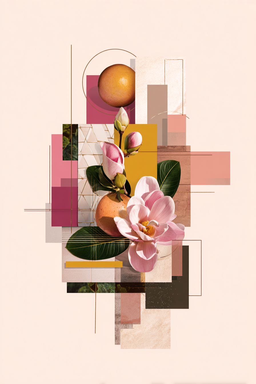 Moderne Grafikdesign Collage Magnolien Orange Geometrisch Abstract | Collagen | Kunstgattungen