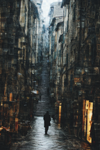 Moody Street Scene Narrow Alleyway With Stairs Wet Pavement Silhouette Person | Collagen | Kunstgattungen