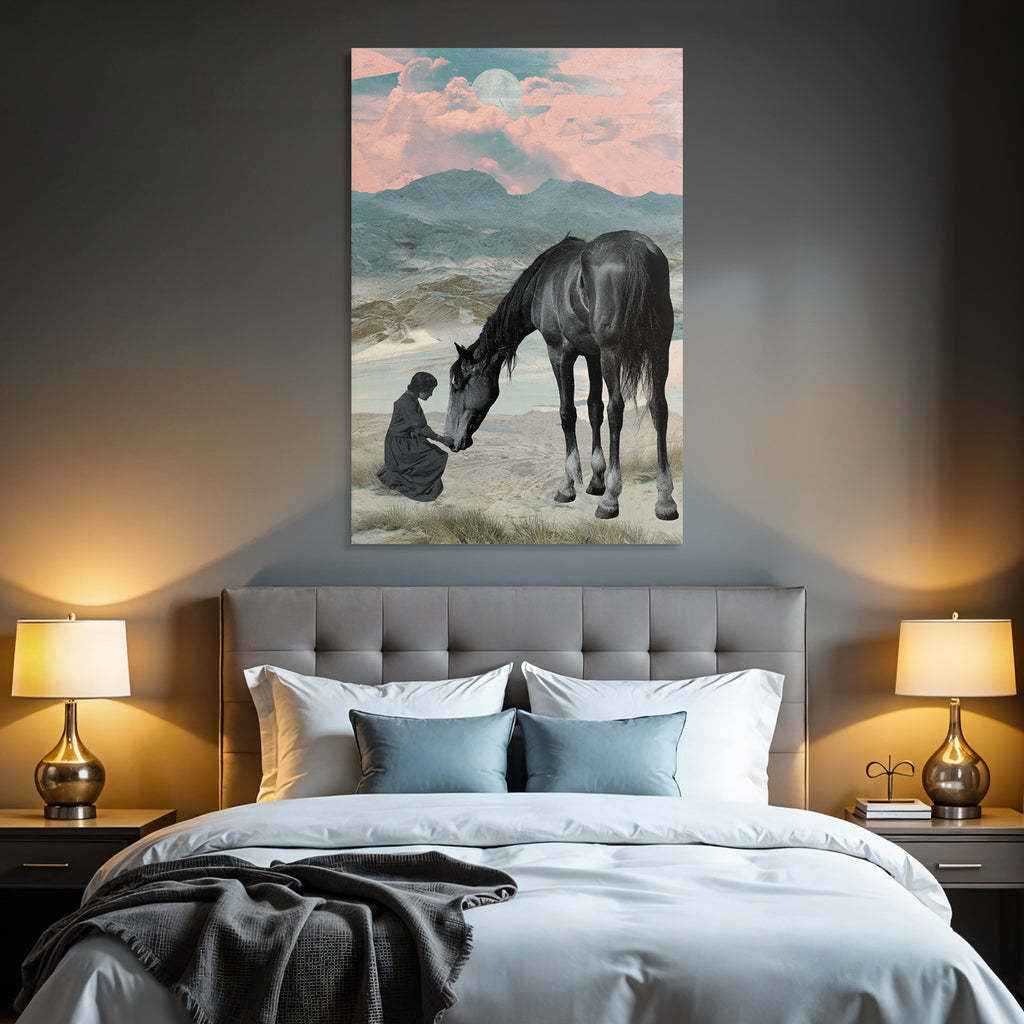 Pferd Und Maedchen Im Landscape Mit Mond Und Bunten Himmel