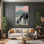 Pferd Und Maedchen Im Landscape Mit Mond Und Bunten Himmel