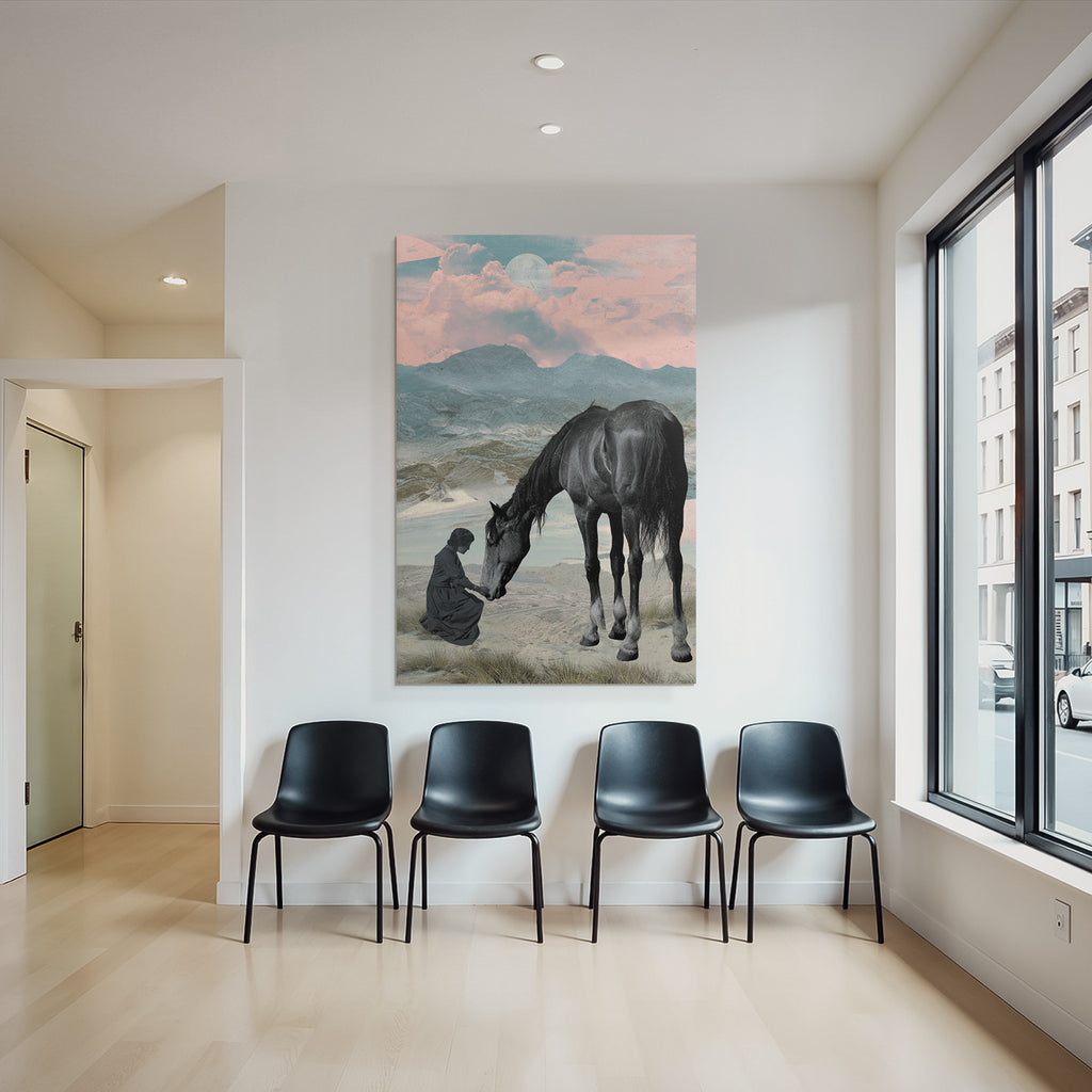 Pferd Und Maedchen Im Landscape Mit Mond Und Bunten Himmel