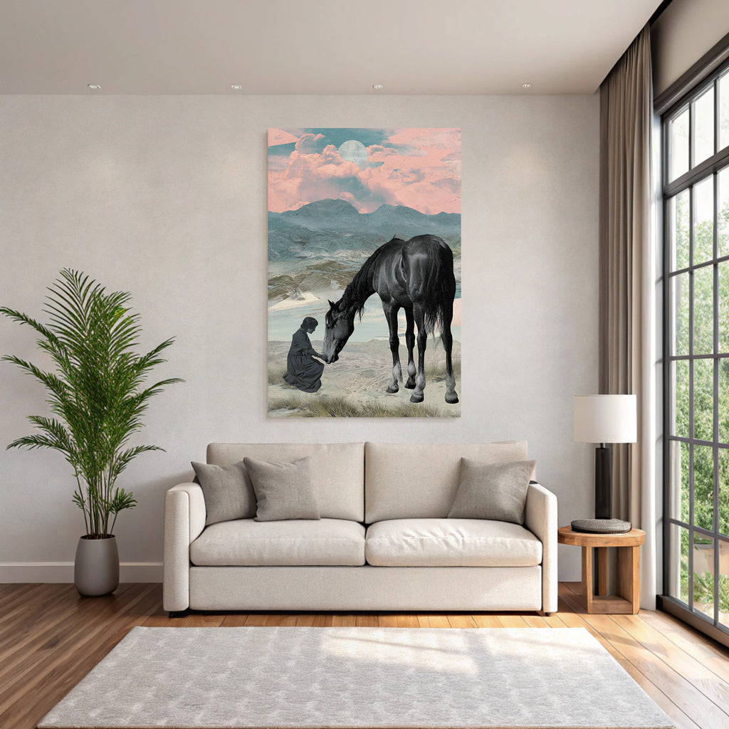 Pferd Und Maedchen Im Landscape Mit Mond Und Bunten Himmel