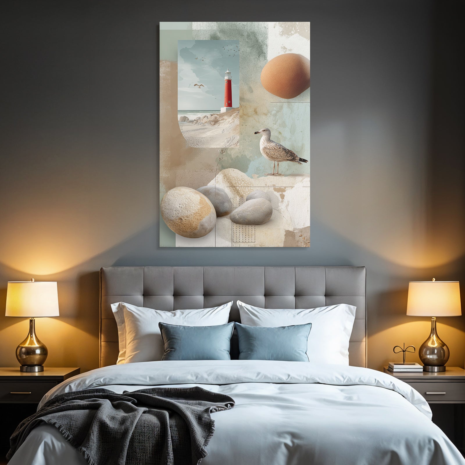 Rote Leuchtturm Am Strand Mit Moewe Und Eiern Mixed Media Collage