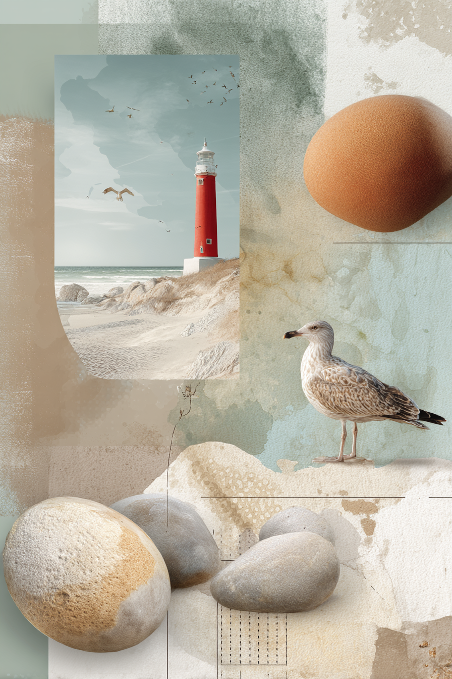 Rote Leuchtturm Am Strand Mit Moewe Und Eiern Mixed Media Collage | Collagen | Kunstgattungen