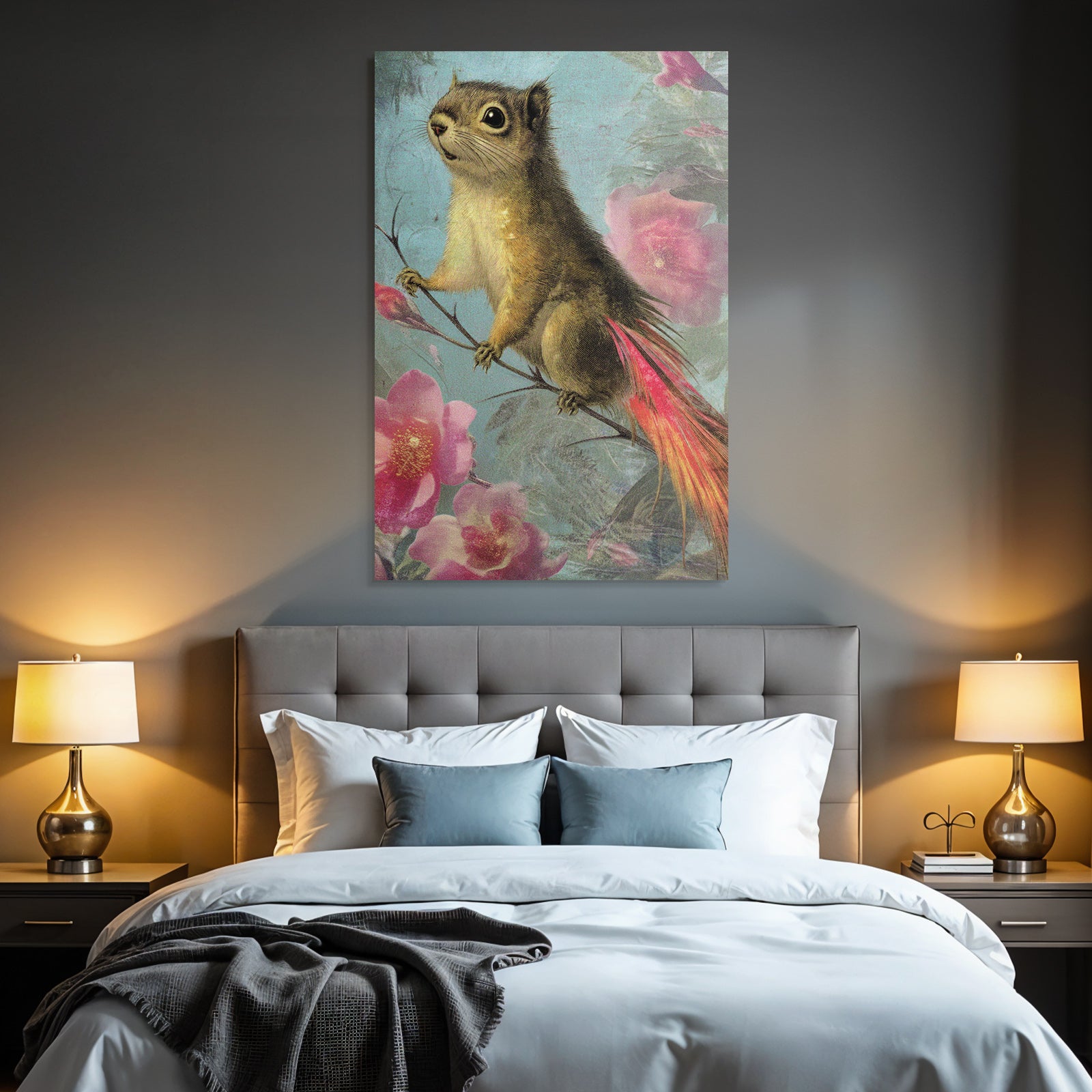 Squirrel Auf Einem Ast Umgeben Von Blumen Kunstwerk